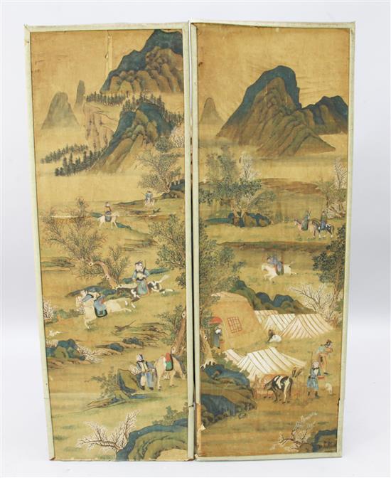 Chinese School Figures in mountain landscapes, 57 x 19in.